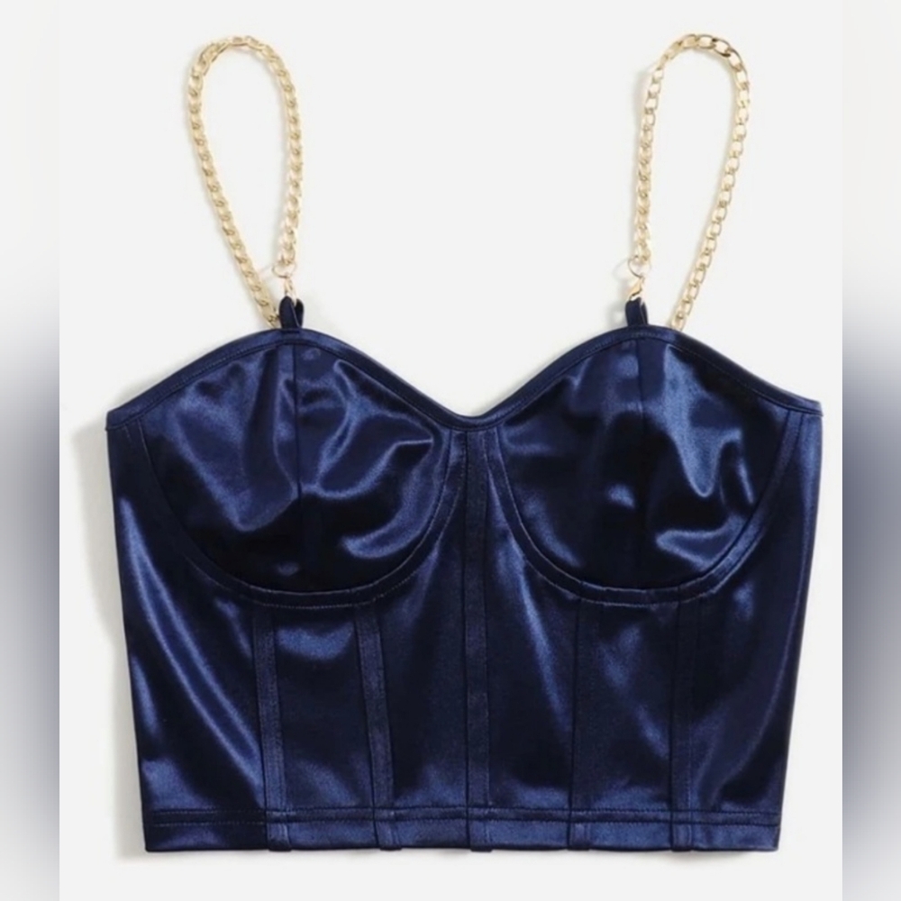 SHEIN Navy Blue Bustier Top with Gold Chain Straps Sz L